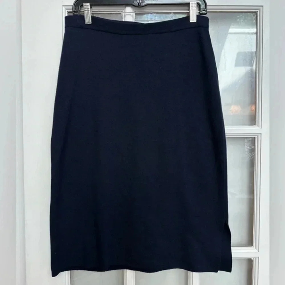 Bill Blass Classic Dark Navy Silk Knit Blend Pencil Stretchy Skirt Size Medium M
